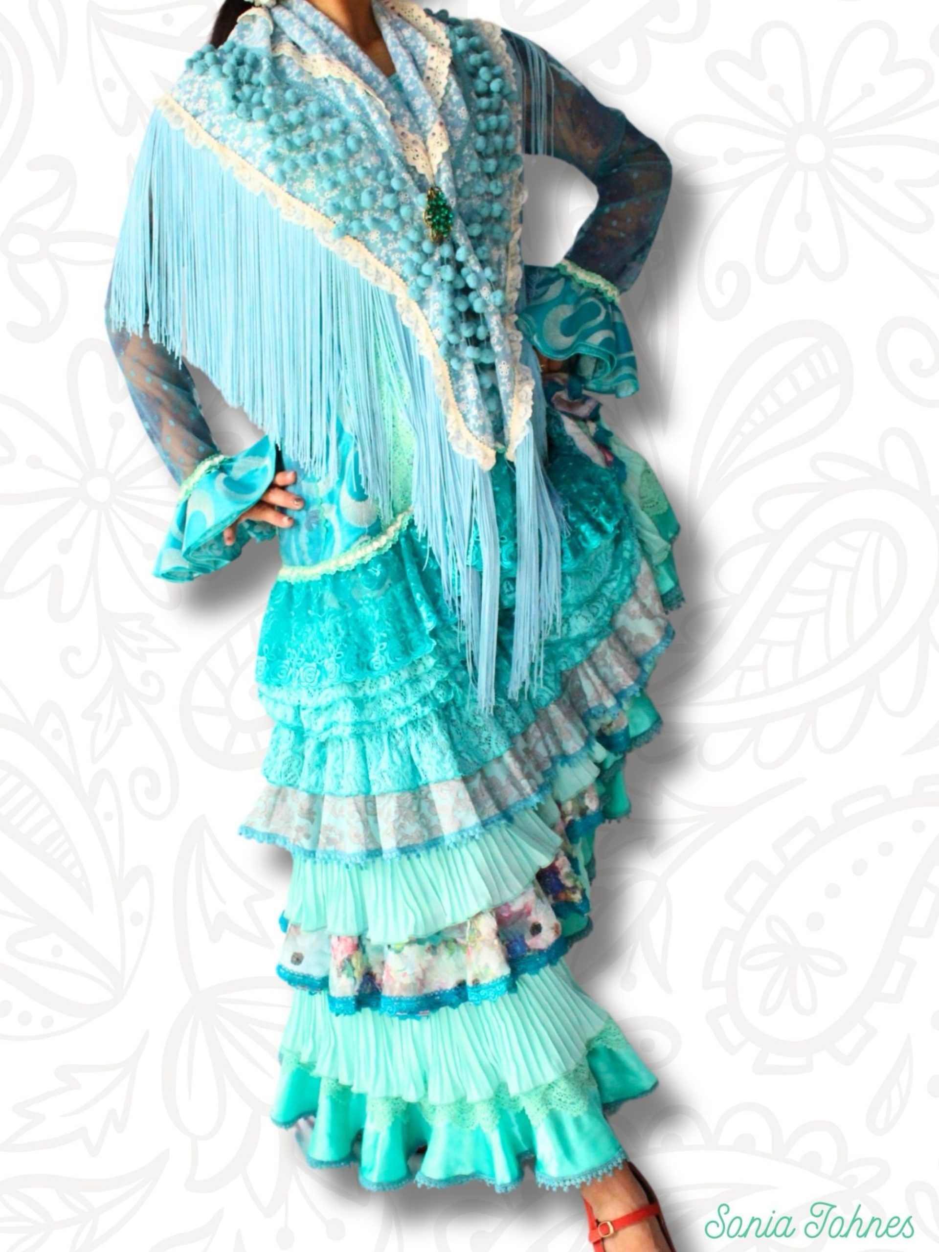 青系フラメンコシージョ ソニアジョーンズ ソニアジョーンズ フラメンコシージョ ブルー 水色 ソニアジョーンズ 【ソニアジョーンズ／ドット柄フラメンコ用シージョ】